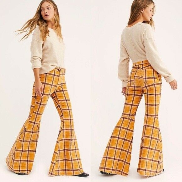 Free People Pants - Free People Just Float On High Waist Corduroy Plaid Flare Jean Pant